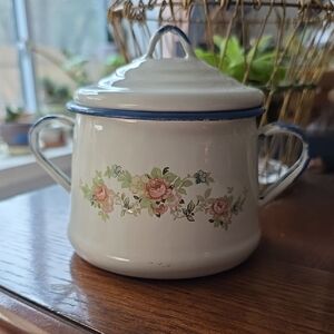 SOLD - Cinsa Vintage Enameled Lidded Sugar Bowl Blue & White Floral Emblem
